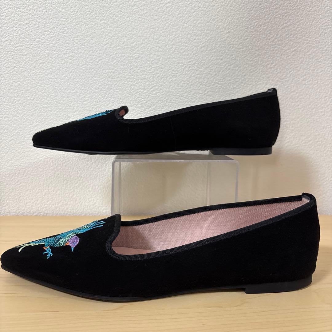 ⭐️未使用⭐️プリティバレリーナ　鳥刺繍　ブラック　スエード　フラットシューズ　希少