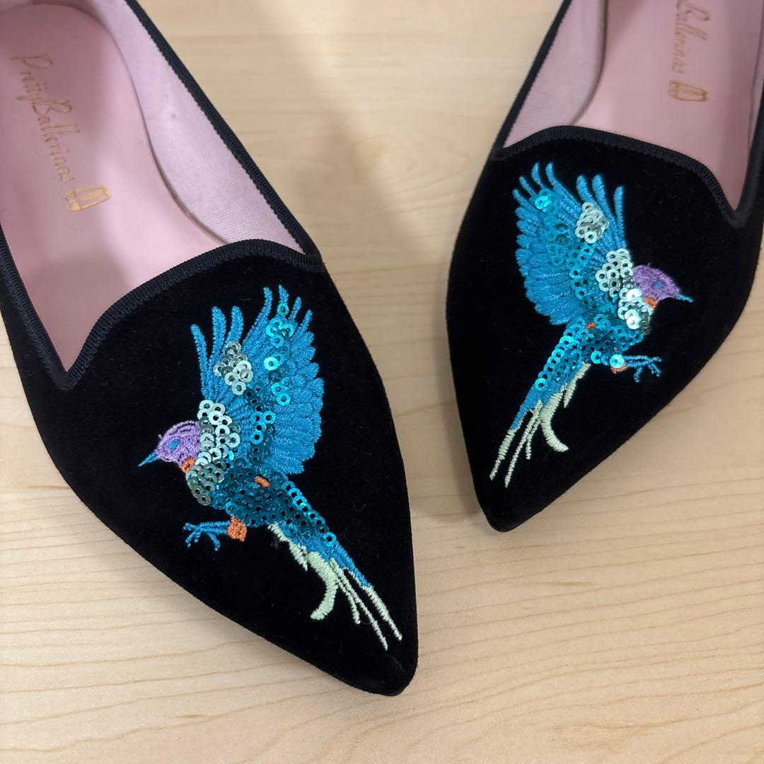 ⭐️未使用⭐️プリティバレリーナ　鳥刺繍　ブラック　スエード　フラットシューズ　希少