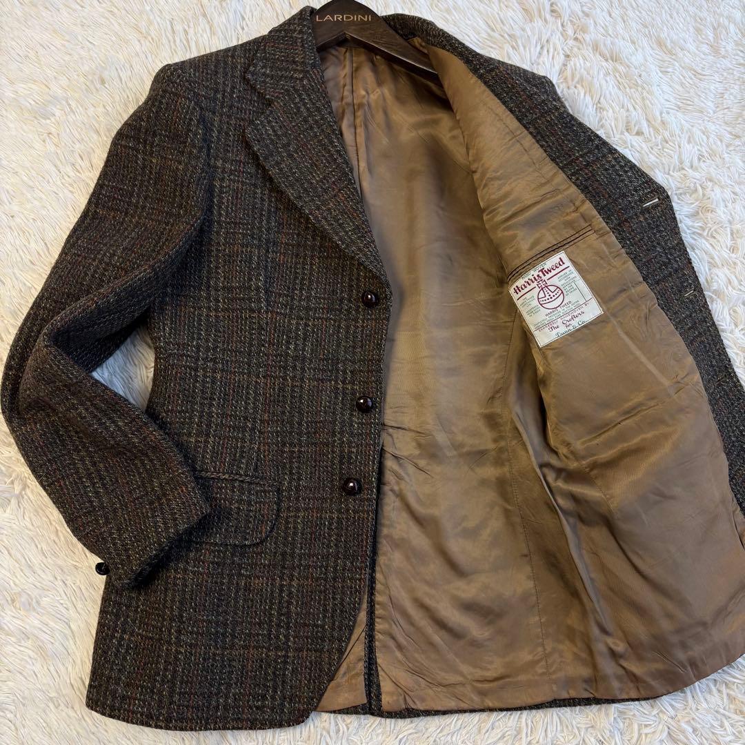 ハリスツイード テーラードジャケット くるみボタン チェック ブラウン