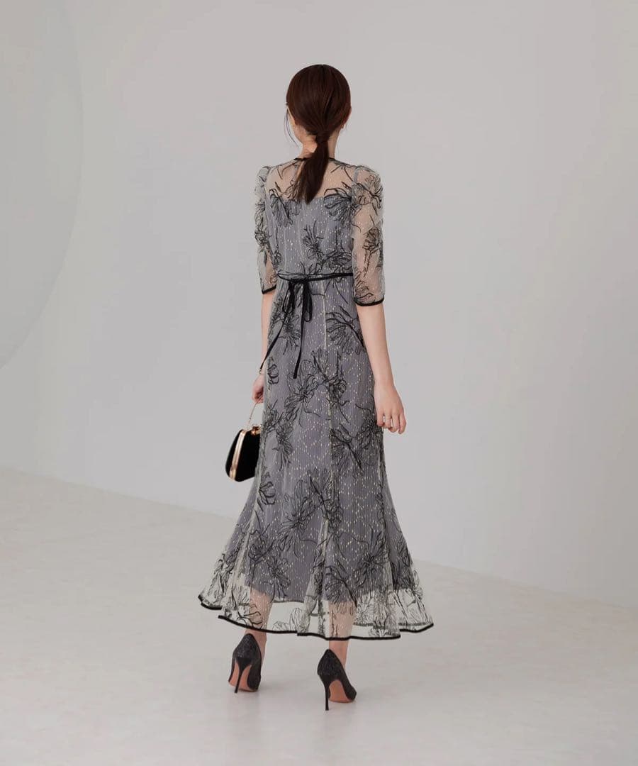 花柄パーティードレス グレー ミディ丈