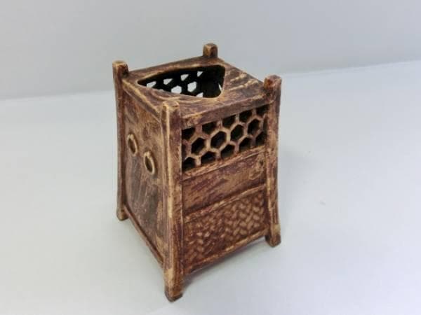 筆立■「木米」茶杓立て 筆筒 古い籠型透かし筆立て 四足 扇型穴 櫓型 骨董品■