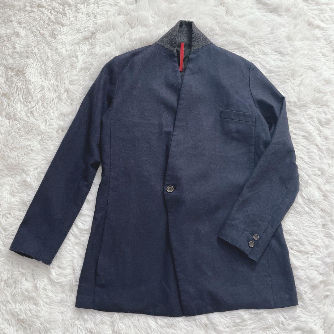 希少　ヤントル　ノーカラー　ジャケット　ネイビー