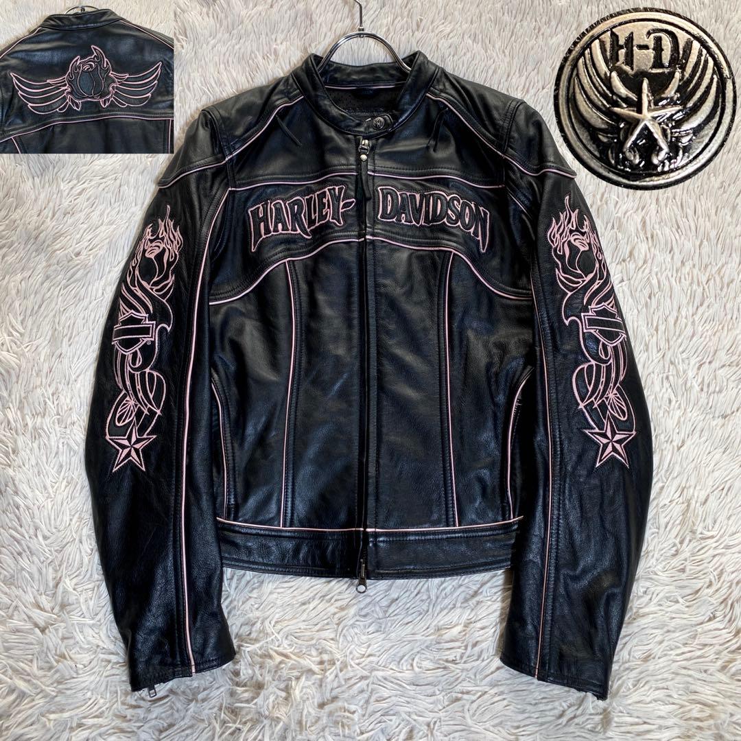 希少♡ハーレーダビッドソン シングルライダースジャケット ワッペン 刺繍