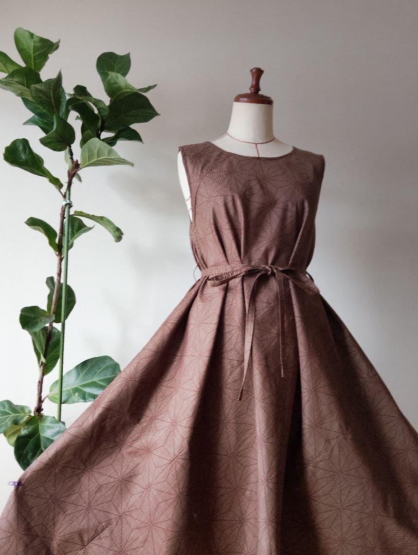 着物リメイク✤大島紬フレアーワンピース✤レンガ色正絹ストールリボン2本付き