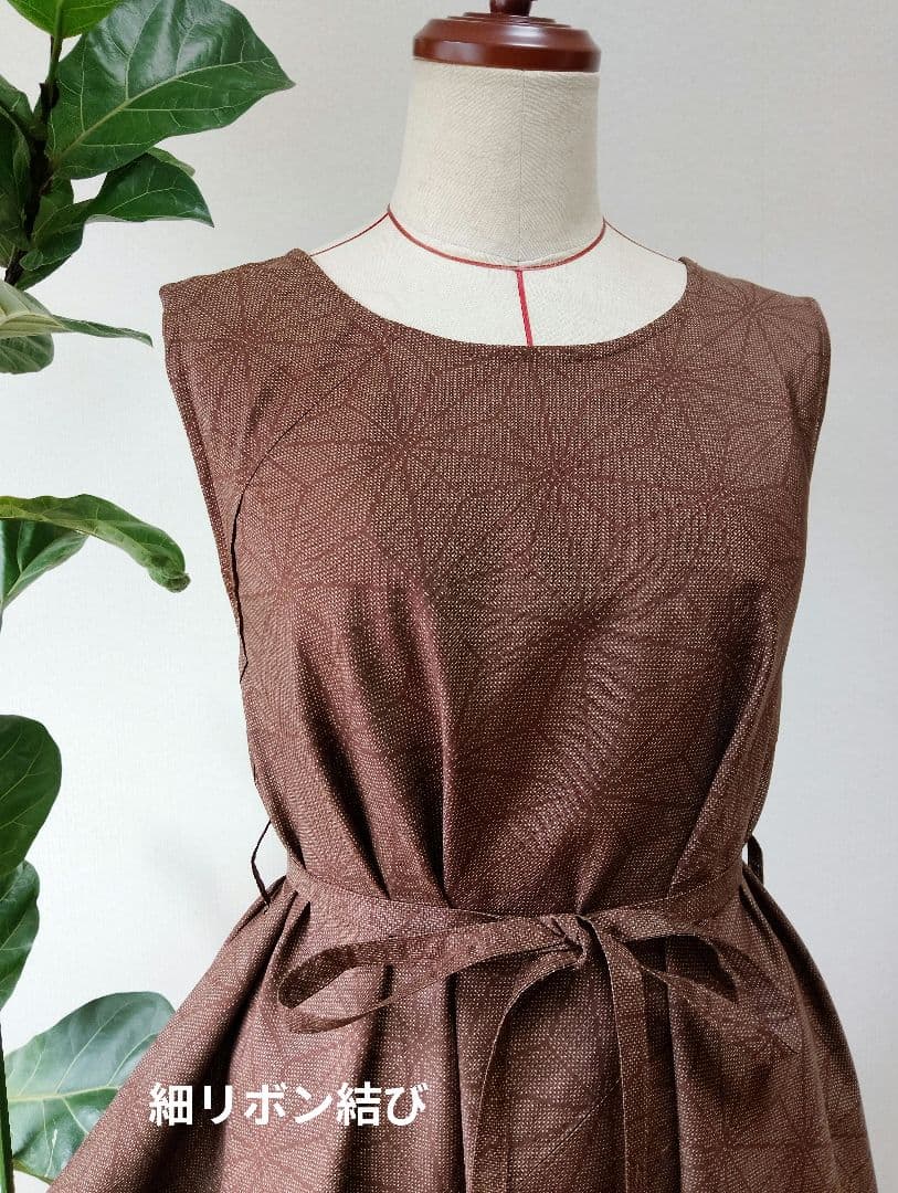 着物リメイク✤大島紬フレアーワンピース✤レンガ色正絹ストールリボン2本付き
