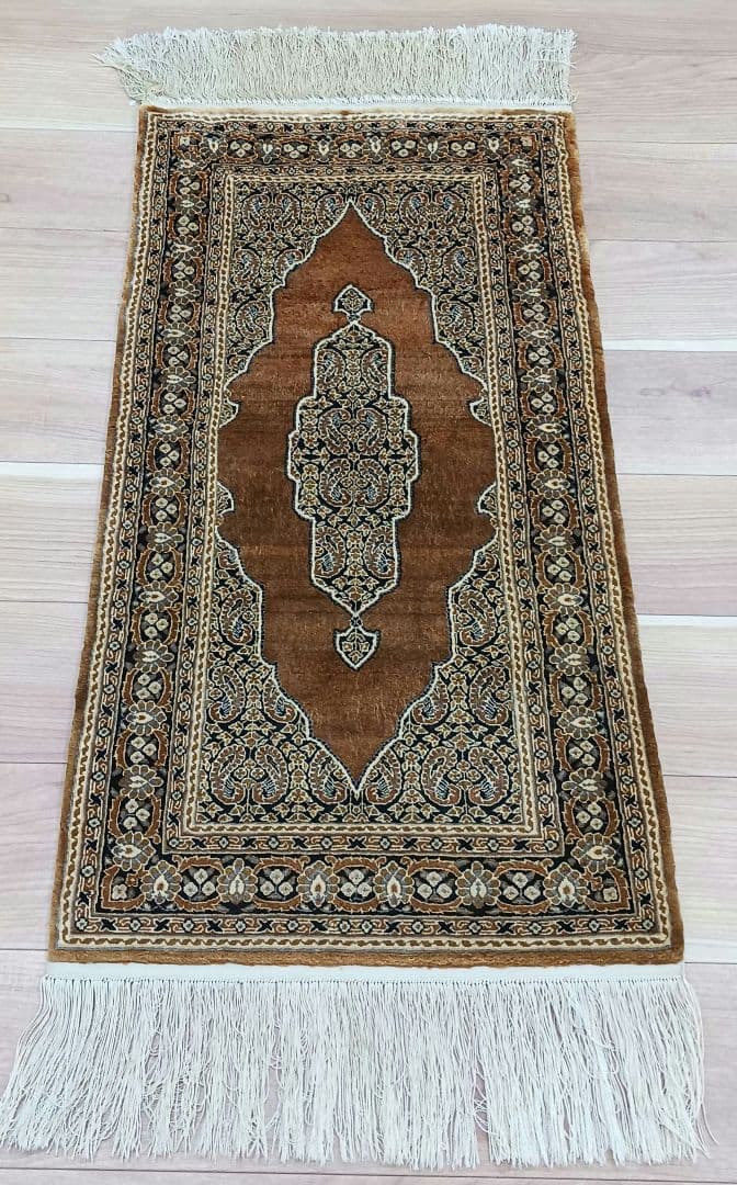 Y3211 高級中国緞通 シルク100% 手織り260段 95×48㎝