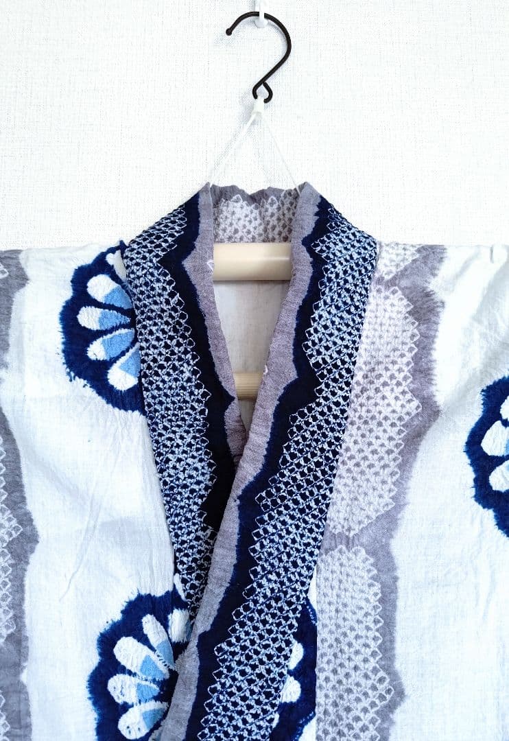 浴衣有松絞り白藍色灰色縦縞花柄ホワイトネイビーグレー紺色単衣木綿着物マーガレット