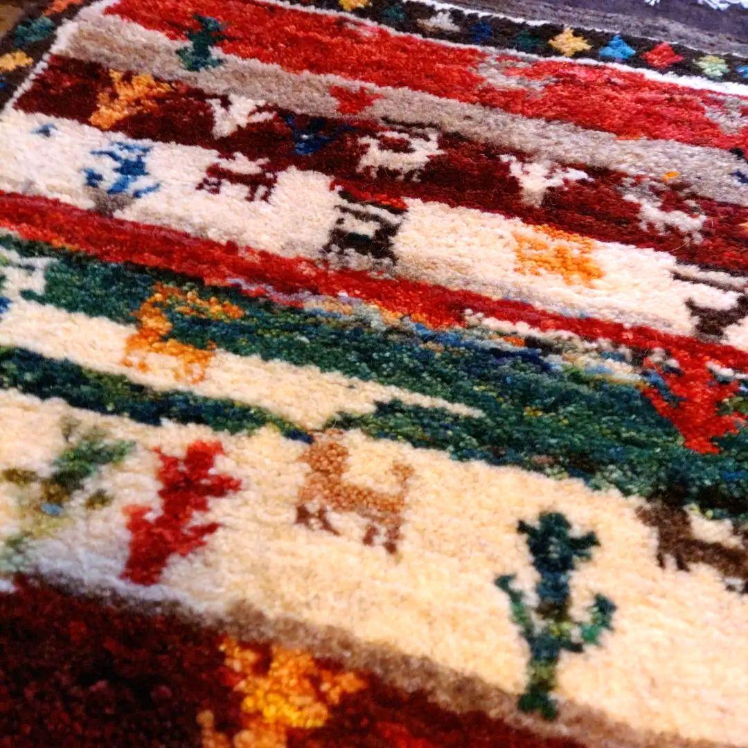 ギャッベ 148×64 イラン 幅広 廊下 草木染 玄関マット 手紬 手織り