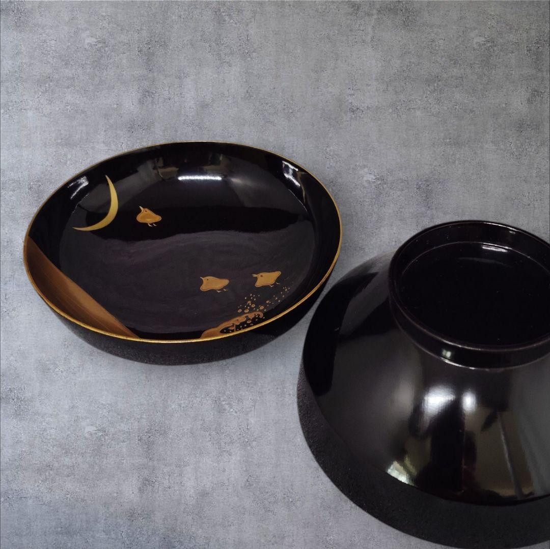 明治 骨董 輪島塗 木製 金蒔絵 波 千鳥 蓋付 吸物椀 アンティーク