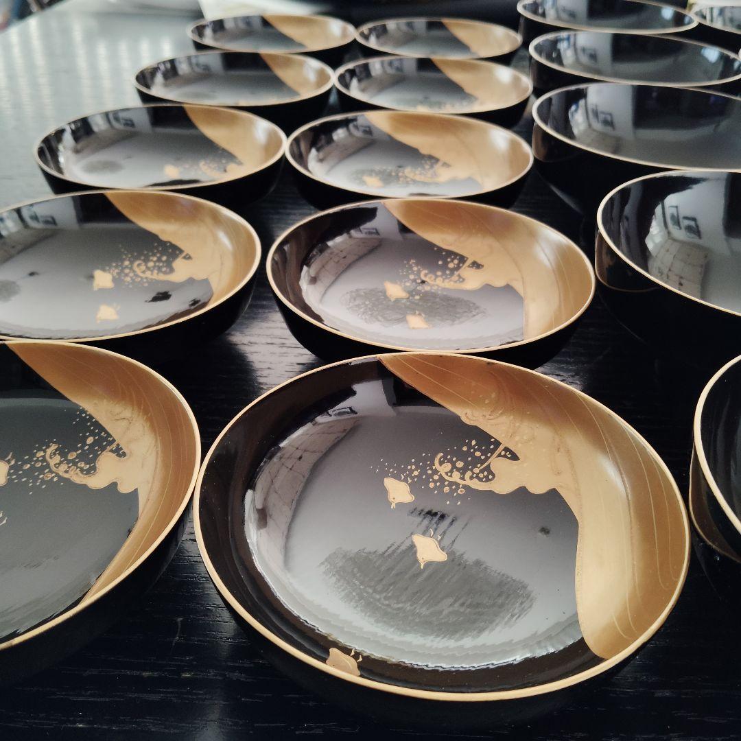 明治 骨董 輪島塗 木製 金蒔絵 波 千鳥 蓋付 吸物椀 アンティーク