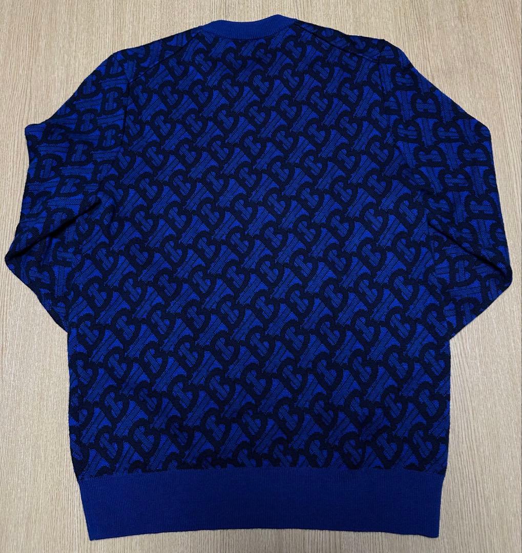 美品 BURBERRY ニット バーバリー セーター M TBロゴ 総柄 ブルー