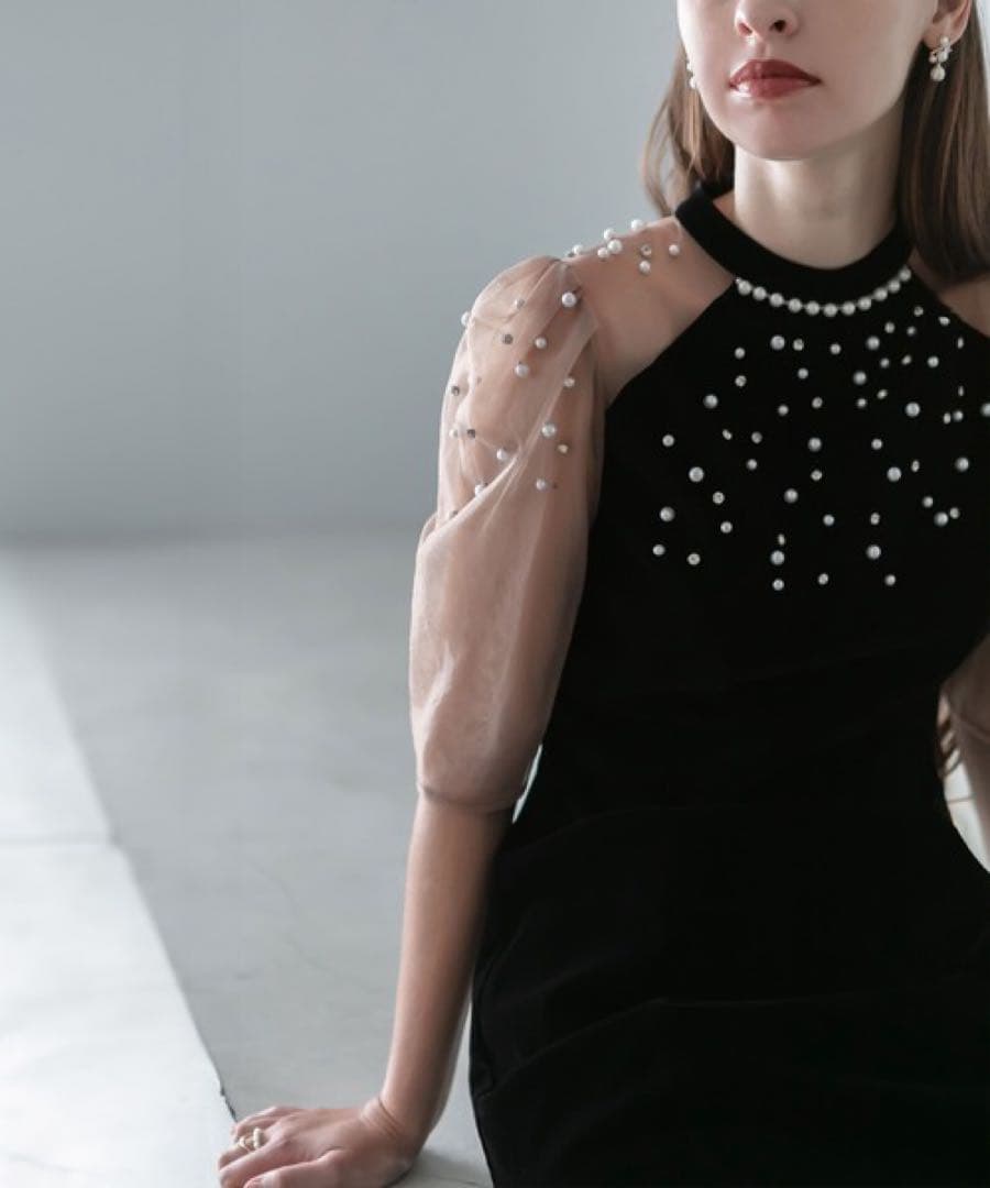 ＊美品＊ Leja シアースリーブパールビジューベロアマーメイドドレス