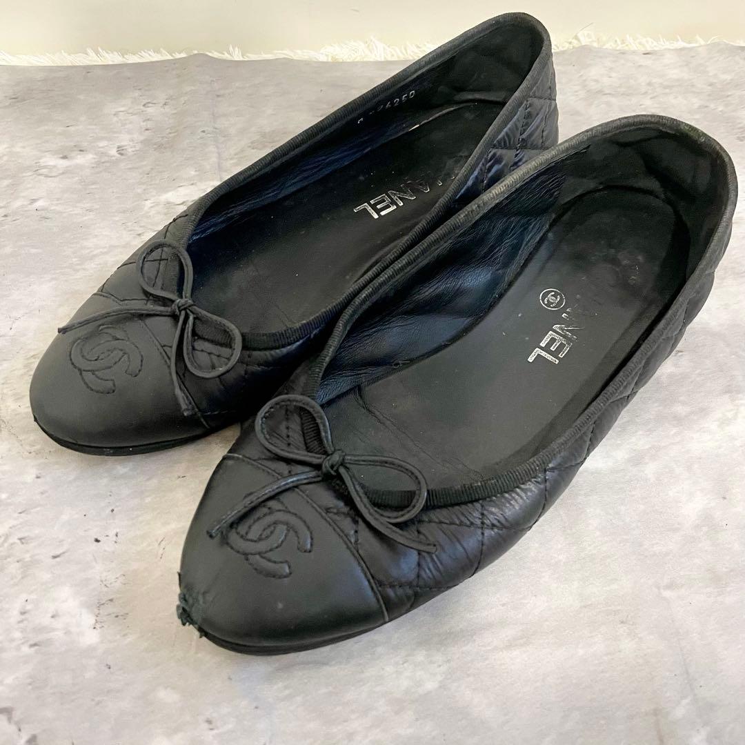 CHANEL バレエシューズ リボン ココマーク 36 1/2 ブラック 23㎝