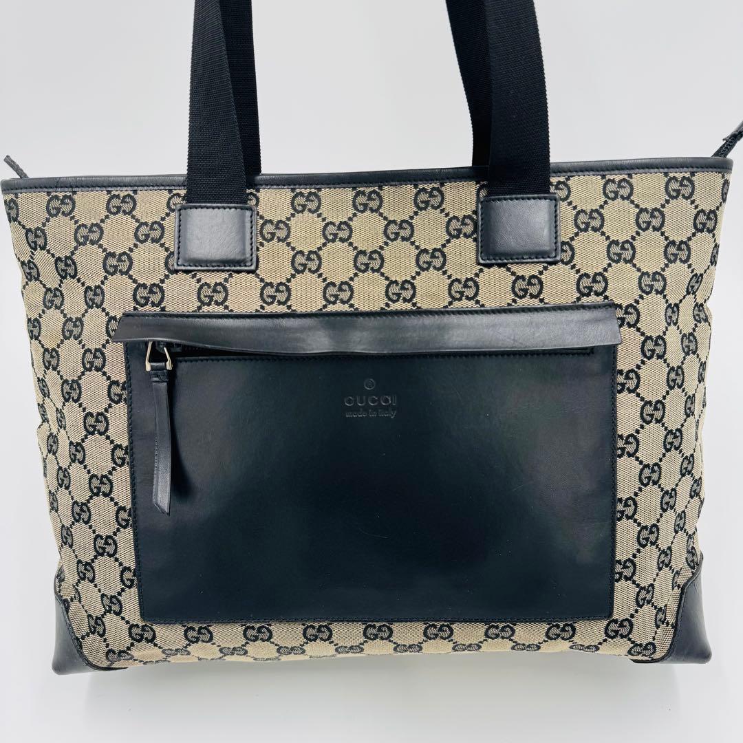 グッチ GGキャンバス レザー トートバッグ 肩掛け A4収納可能 ブラック