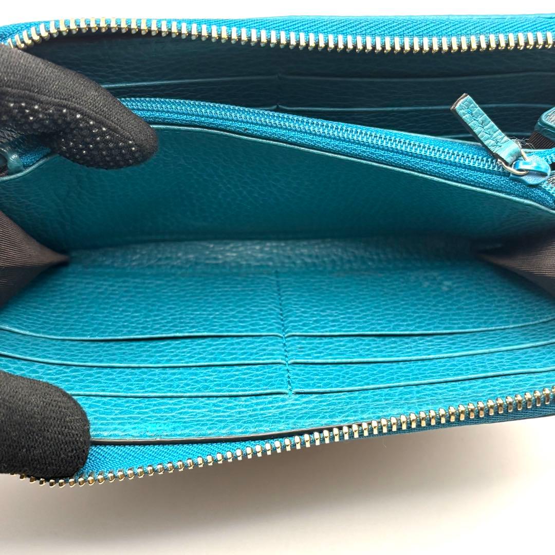 グッチ 長財布 GG キャンバス ターコイズ ブルー ラウンドファスナー