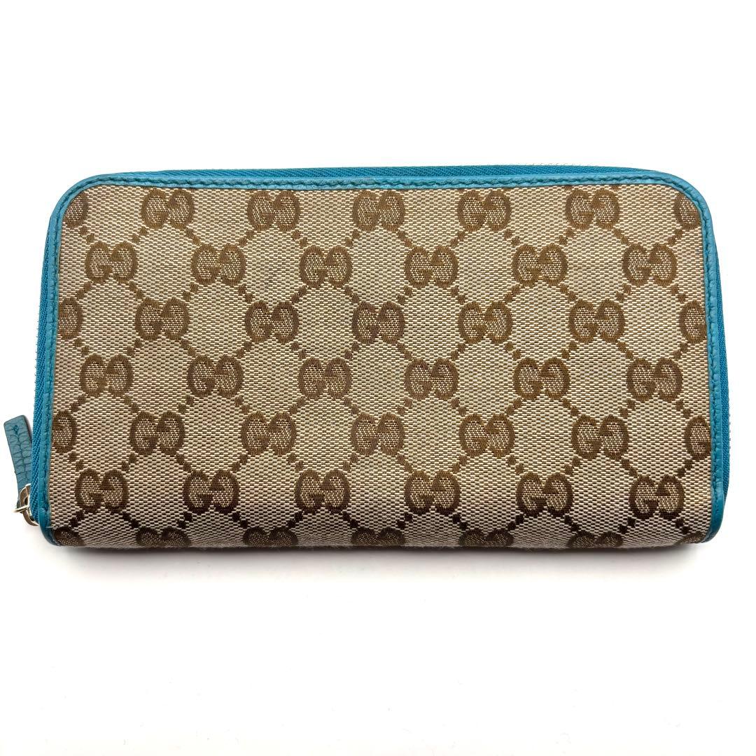 グッチ 長財布 GG キャンバス ターコイズ ブルー ラウンドファスナー