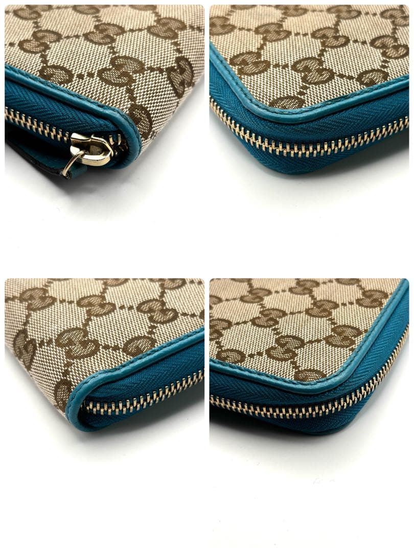 グッチ 長財布 GG キャンバス ターコイズ ブルー ラウンドファスナー