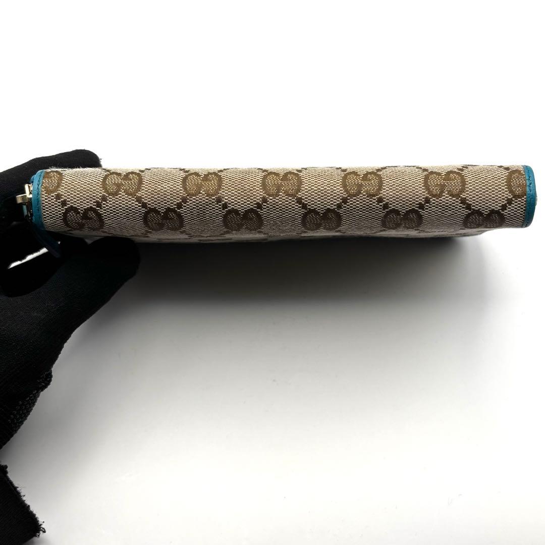 グッチ 長財布 GG キャンバス ターコイズ ブルー ラウンドファスナー