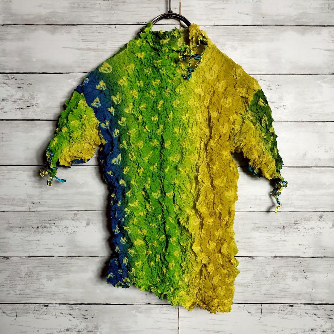 イッセイミヤケ シワ加工カットソー 半袖 ポップコーン シフォン グラデーション