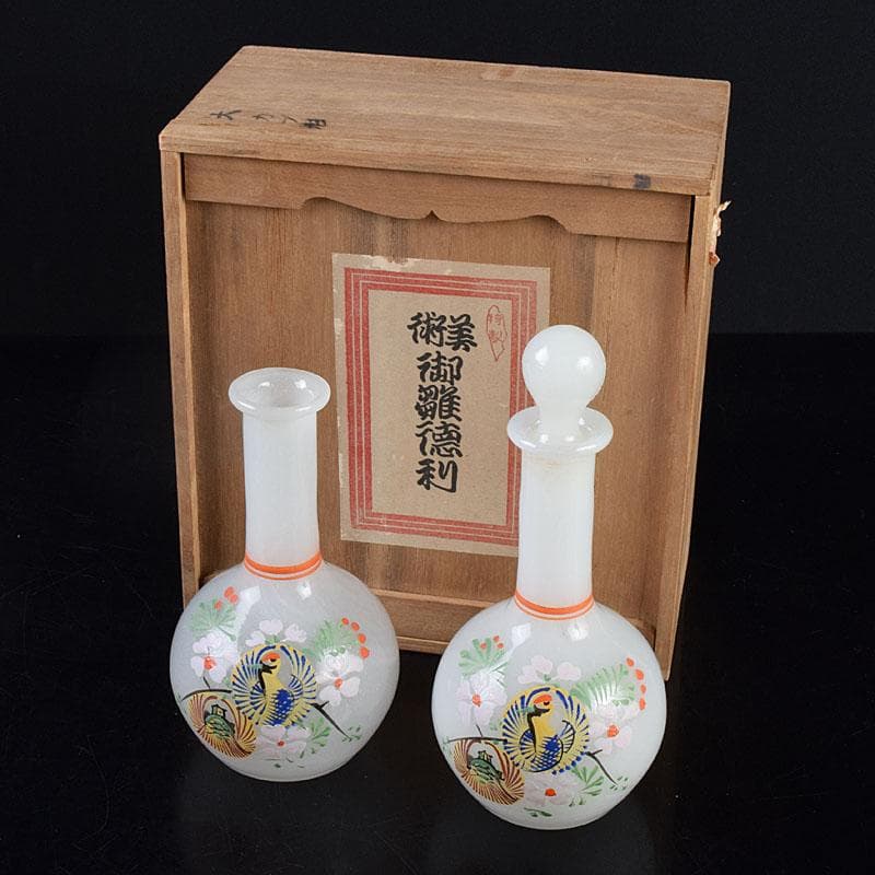ガラス工芸　鶴亀図　雛徳利　一對　時代箱　縁起物　V　R8928