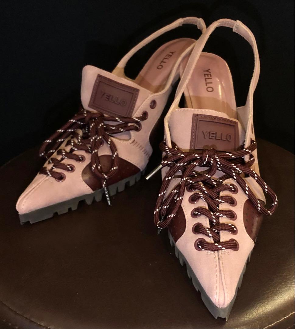 YELLO ピンク スエード ポインテッドトゥ ミュール Lサイズ