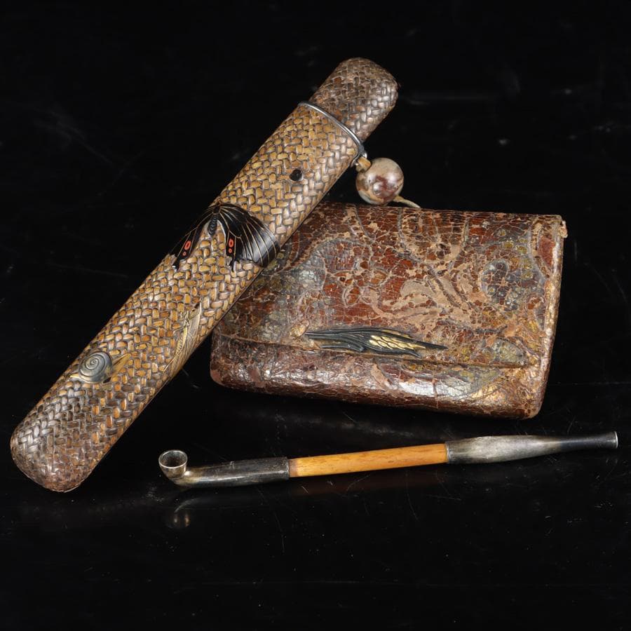 専用Y2978-1 竹編金銀象嵌金具蒔絵 煙管入れ 煙草入れ 〇吉銘　　　よ