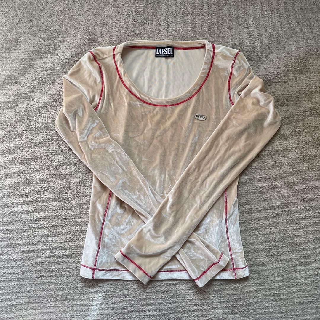 DIESEL ベージュ 長袖 Tシャツベロアカットソー赤ステッチ