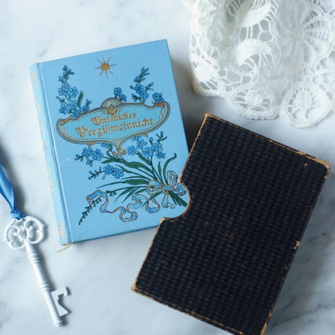 ドイツ 古書 アンティーク 勿忘草のメモリアルブック 青 洋書 希少 レア