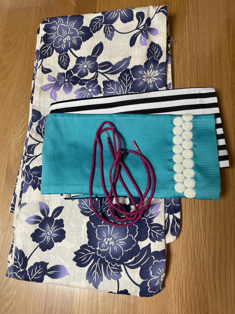 【綿麻】花柄浴衣・帯・下駄　他計7点セット