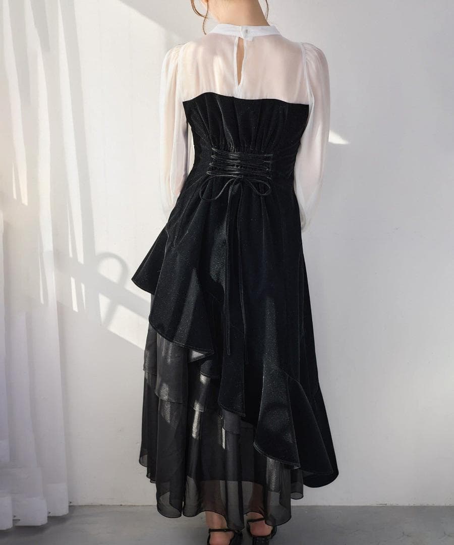 新品 NICE CLAUP オケージョン ベロアリボン異素材ロングワンピース