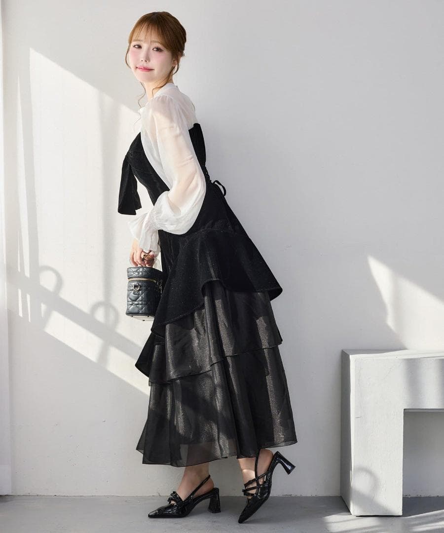 新品 NICE CLAUP オケージョン ベロアリボン異素材ロングワンピース