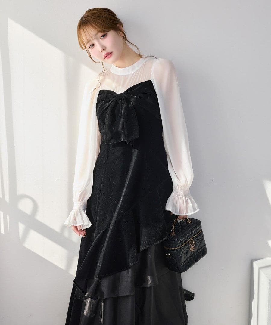 新品 NICE CLAUP オケージョン ベロアリボン異素材ロングワンピース