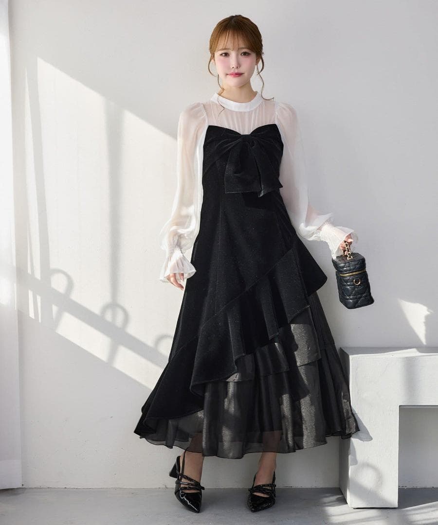 新品 NICE CLAUP オケージョン ベロアリボン異素材ロングワンピース