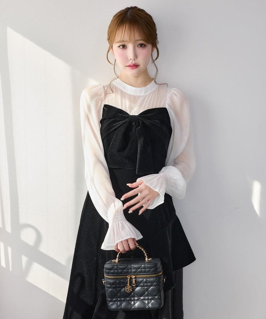 新品 NICE CLAUP オケージョン ベロアリボン異素材ロングワンピース