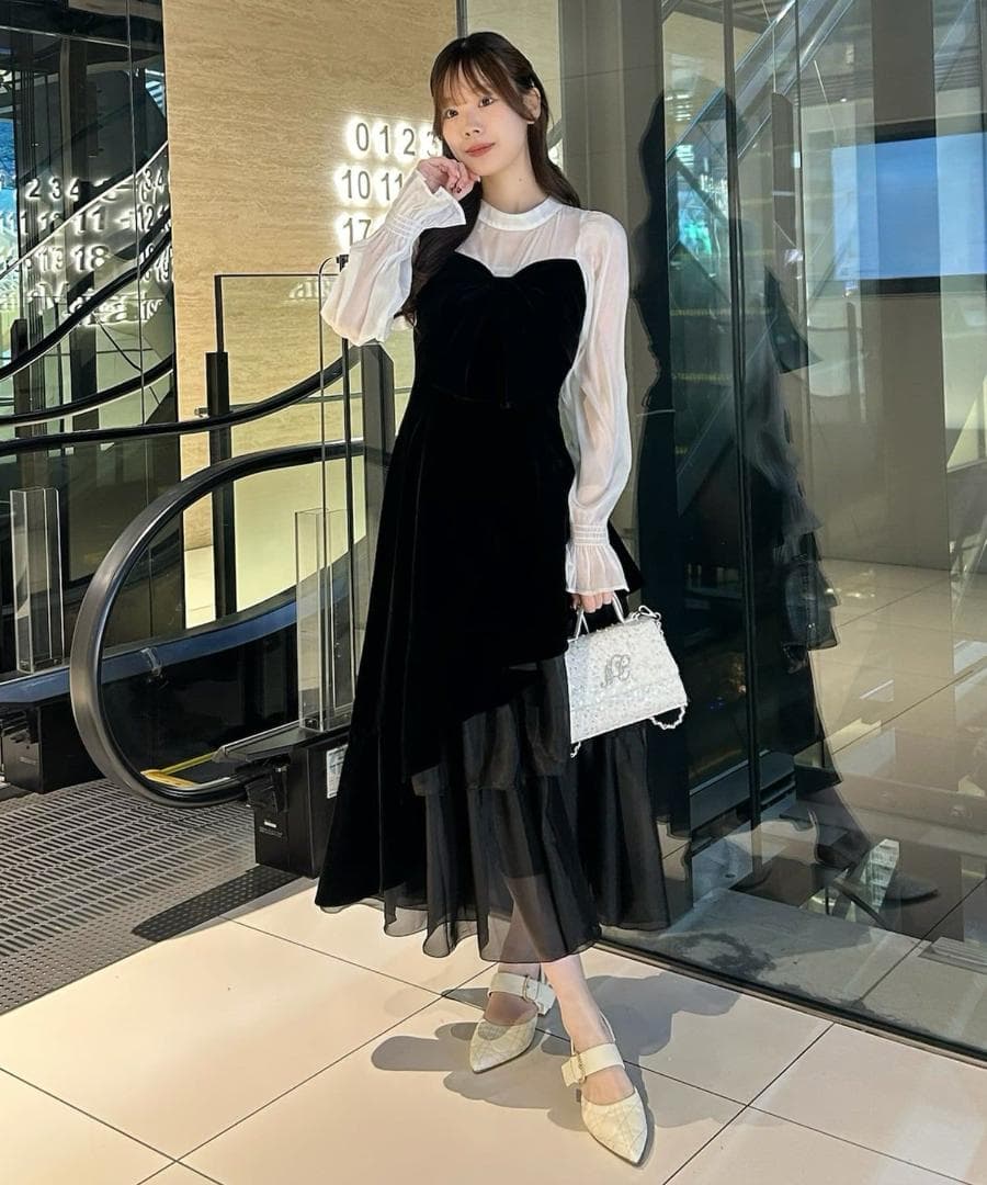 新品 NICE CLAUP オケージョン ベロアリボン異素材ロングワンピース