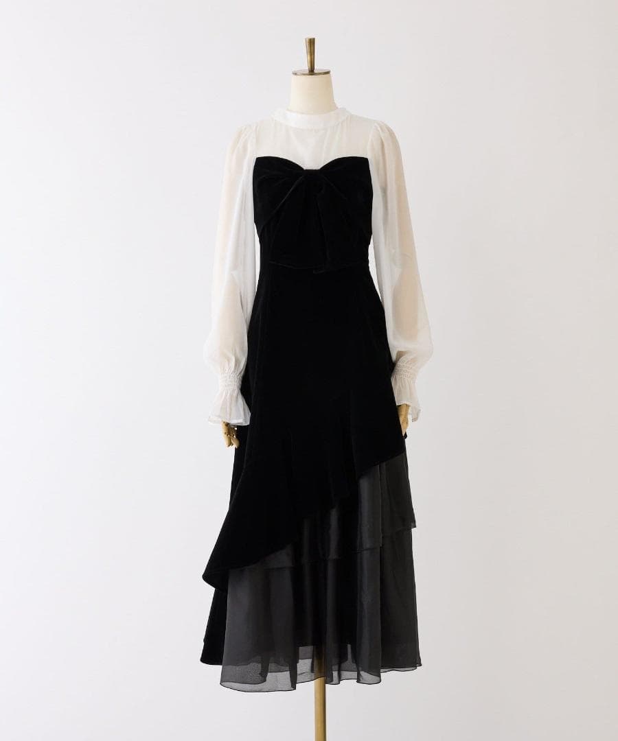 新品 NICE CLAUP オケージョン ベロアリボン異素材ロングワンピース