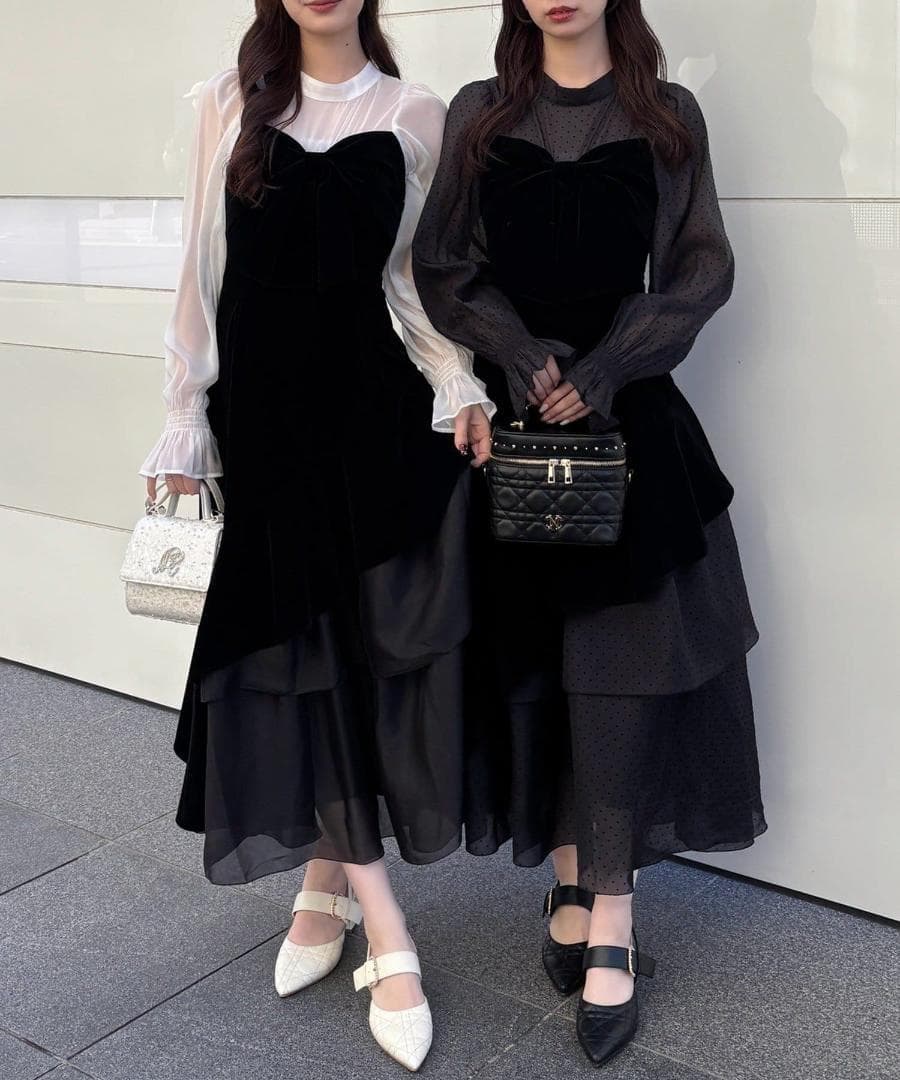 新品 NICE CLAUP オケージョン ベロアリボン異素材ロングワンピース