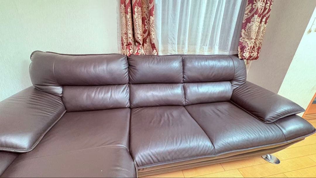 ニトリソファー　本革　L字カウチソファ／レザー調 ダークブラウン　コナーソファー