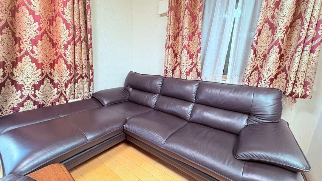 ニトリソファー　本革　L字カウチソファ／レザー調 ダークブラウン　コナーソファー