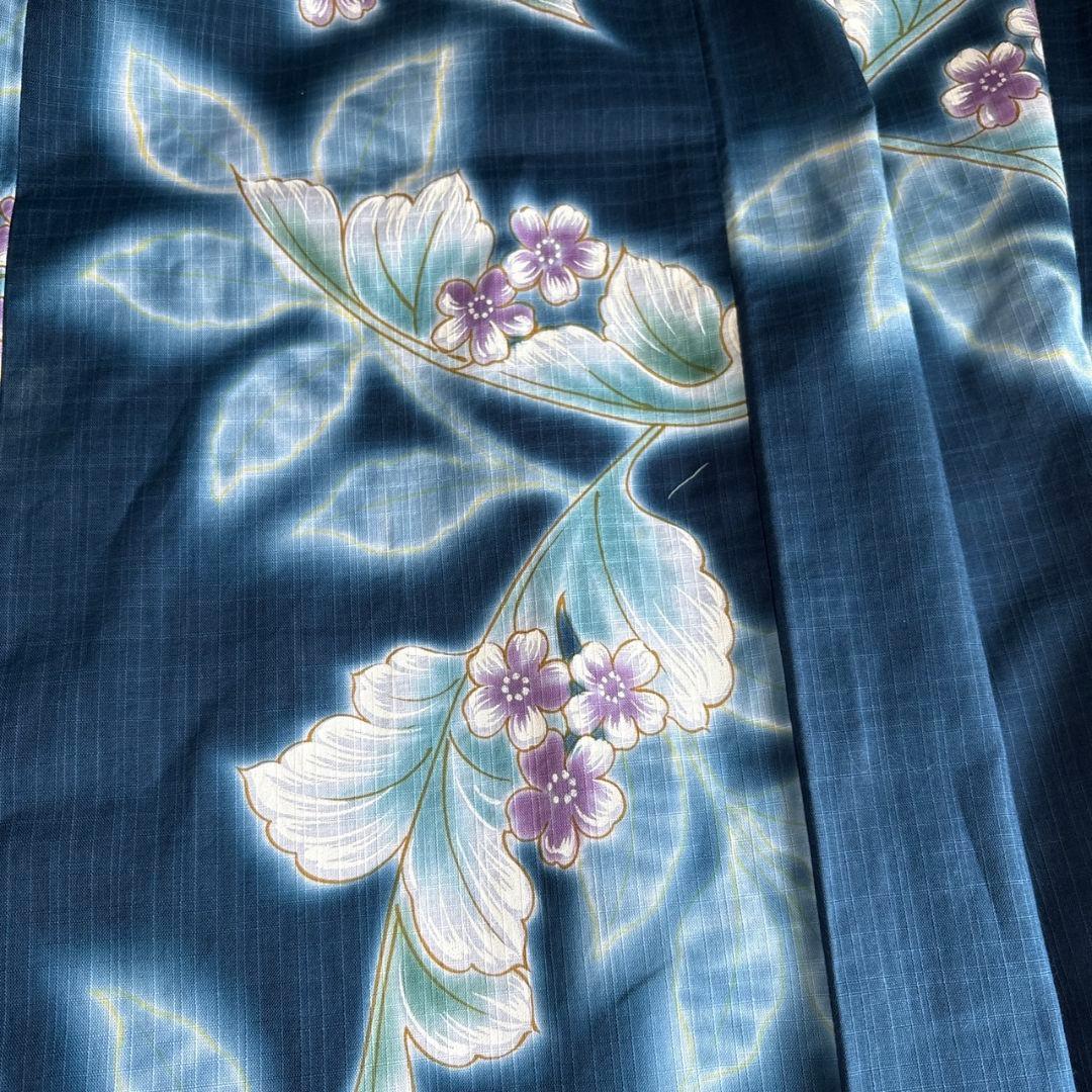 【未使用近い美品】 綿絽浴衣 単品 夏の風情◆上品な紺地×花模様◆希少裄丈長め