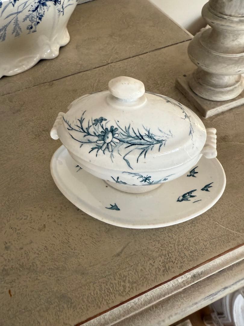 フランスアンティーク陶器ジアンGien小鳥と水車模様のムタディエマスタード入れ