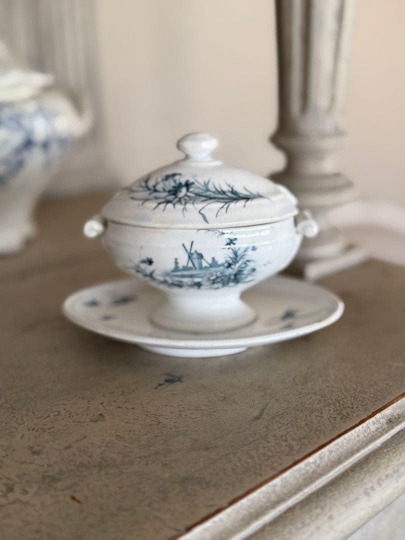 フランスアンティーク陶器ジアンGien小鳥と水車模様のムタディエマスタード入れ