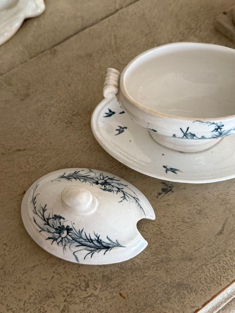 フランスアンティーク陶器ジアンGien小鳥と水車模様のムタディエマスタード入れ