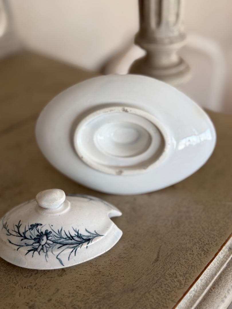 フランスアンティーク陶器ジアンGien小鳥と水車模様のムタディエマスタード入れ