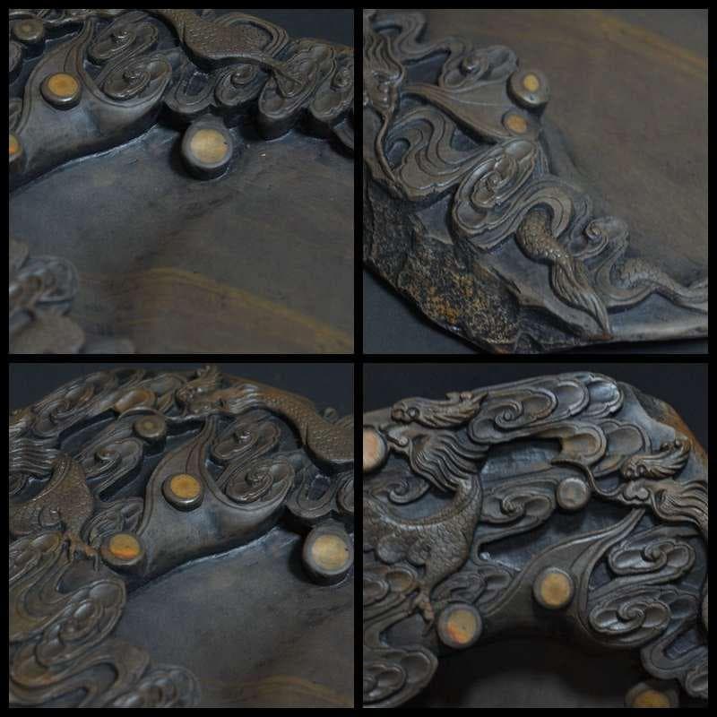 大型端渓硯 細密彫り『雲龍戯珠紋』18石眼 重さ3.2㎏★時代物★書道具