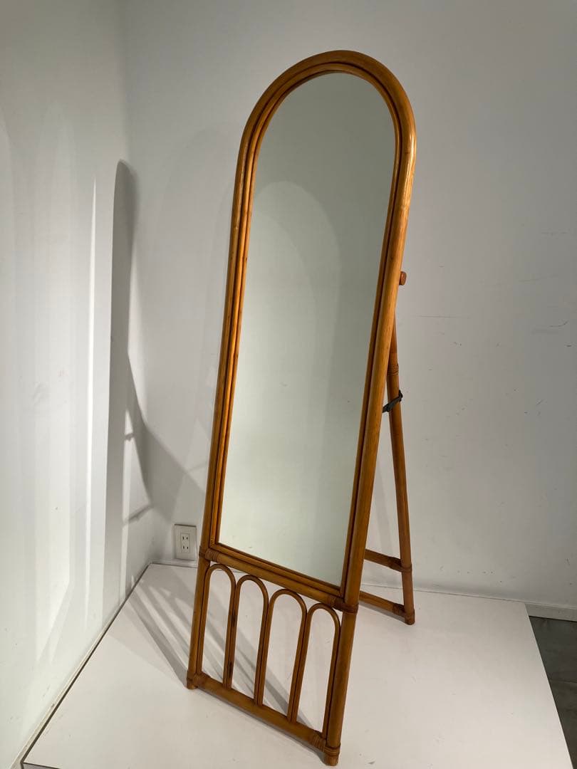 オールド　ラタン　スタンドミラー、折りたたみ、レトロ、和モダン、姿見、鏡、