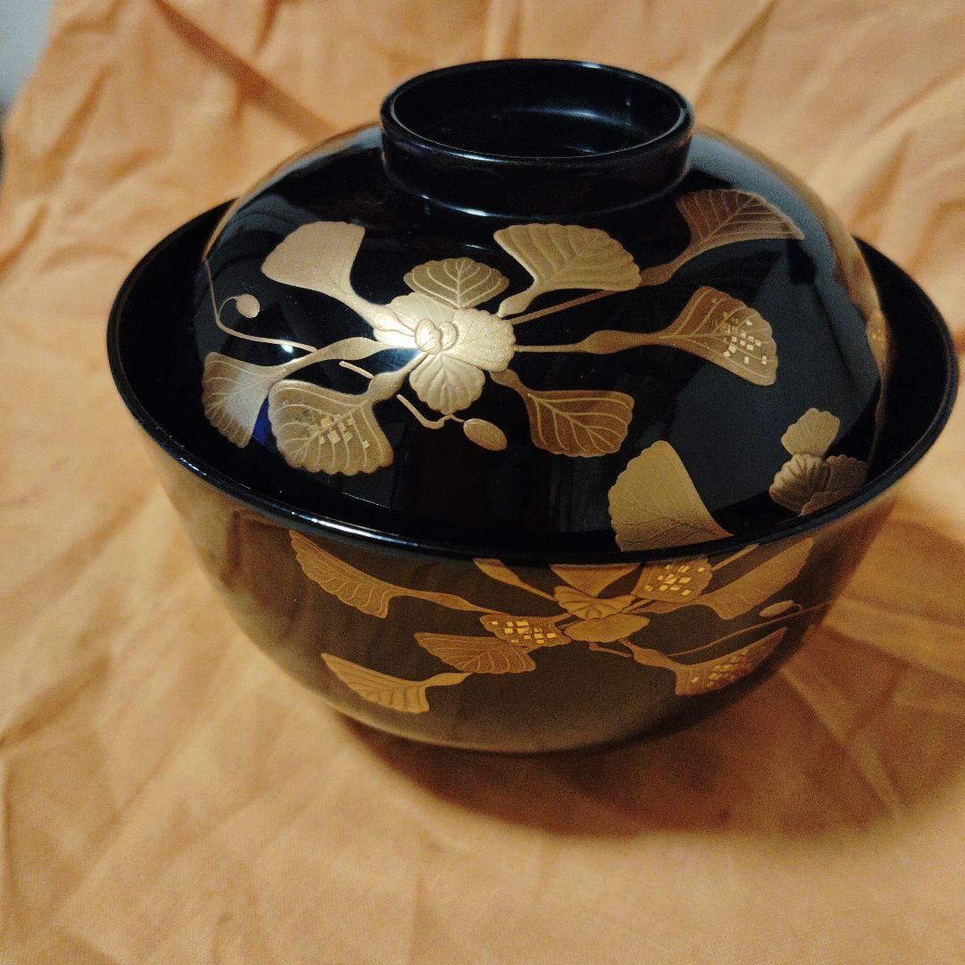 輪島塗黒い漆器の椀 金色の葉模様5客