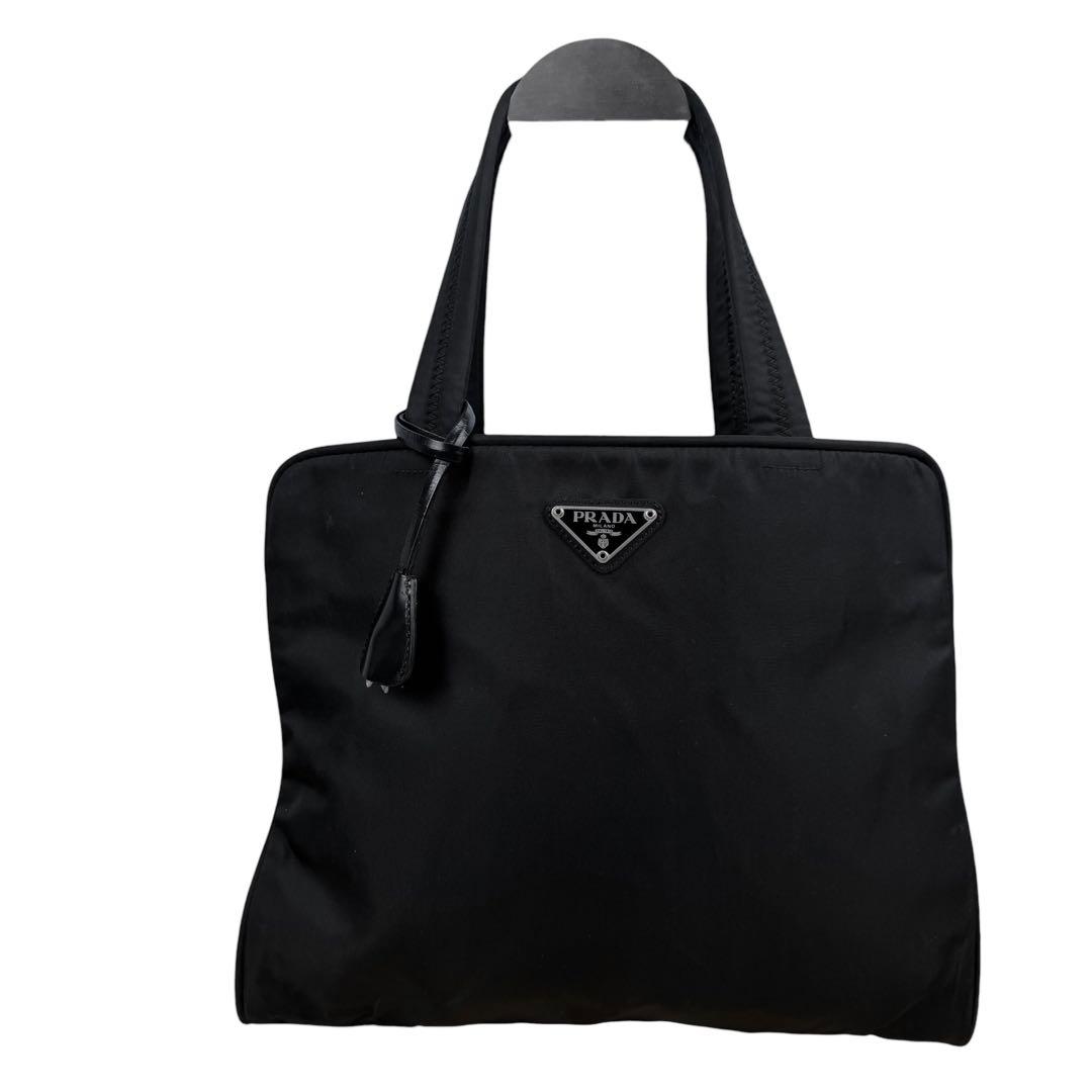【美品】PRADA プラダ 南京錠付き トートバッグ 三角ロゴ ブラック 白タグ