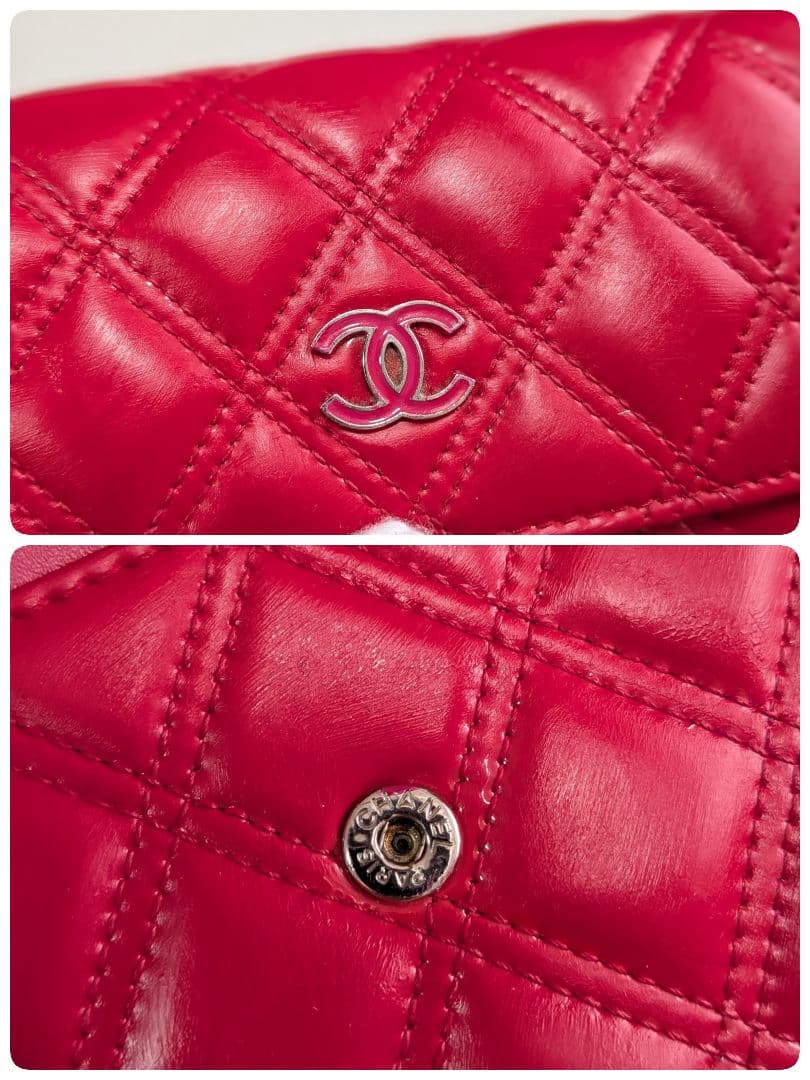 シャネル　赤　ミニ財布　マトラッセ　ラムスキン　チェーンウォレット　ケース