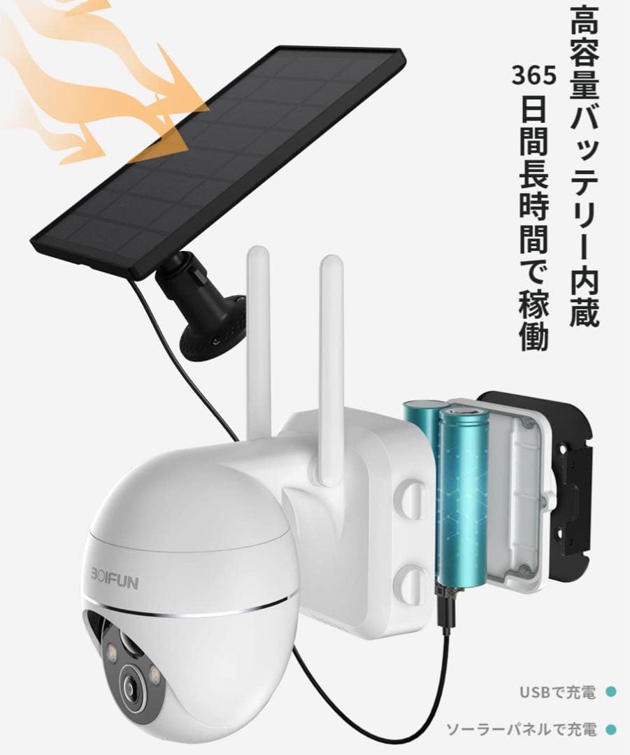 BOIFUN 防犯カメラ ワイヤレス 屋外 ソーラー 2K 300万画素